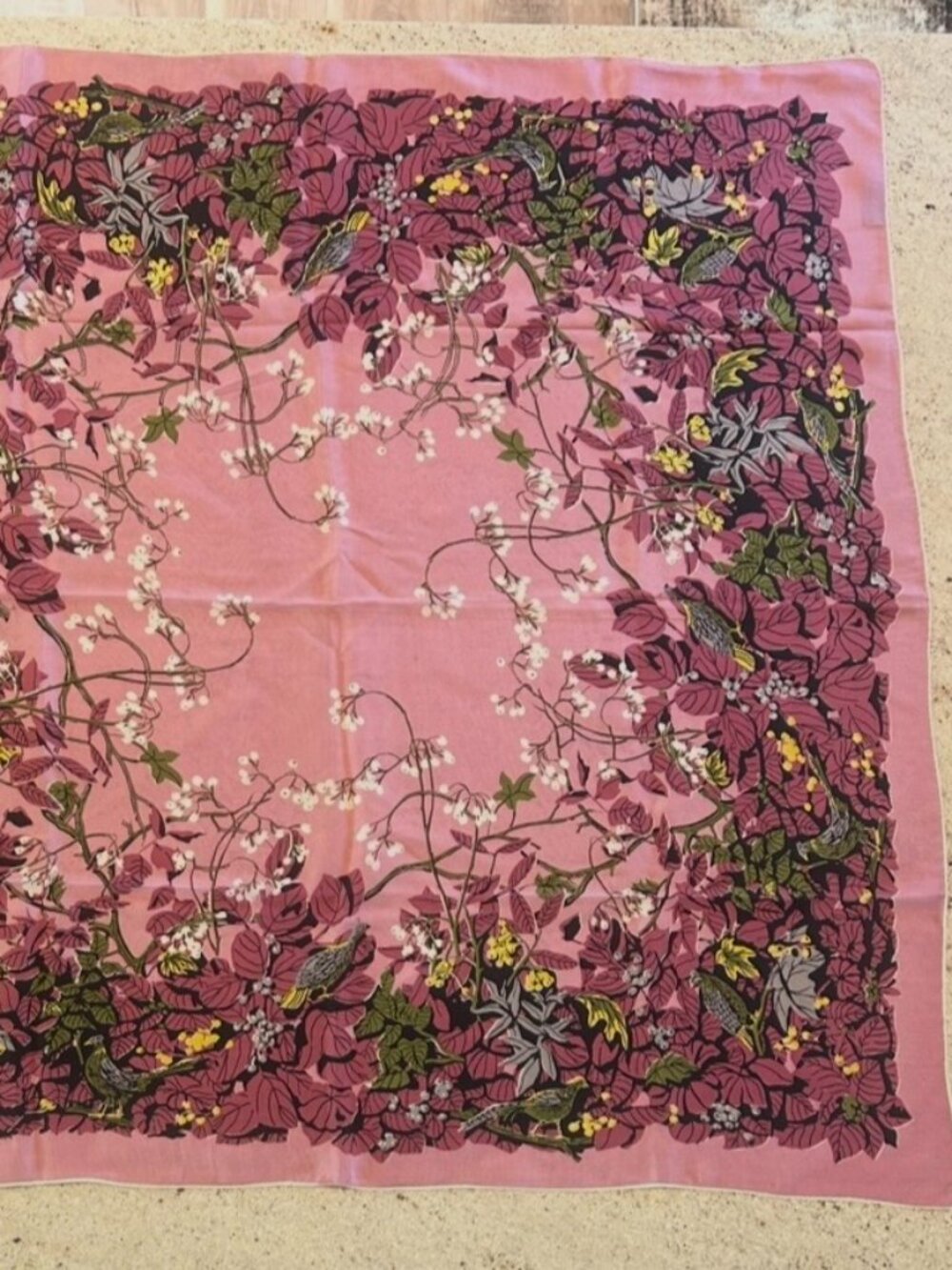 Vintage Carol Stanley Pure Silk Hand Rolled Purple Bird & Foliage Scarf